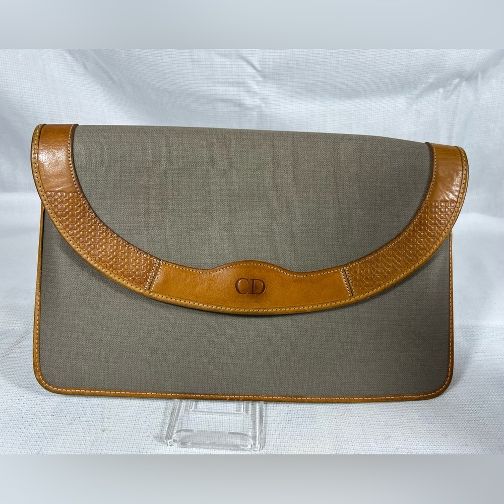 7077: Christian Dior Vintage Gray Canvas Leather Trim Clutch France